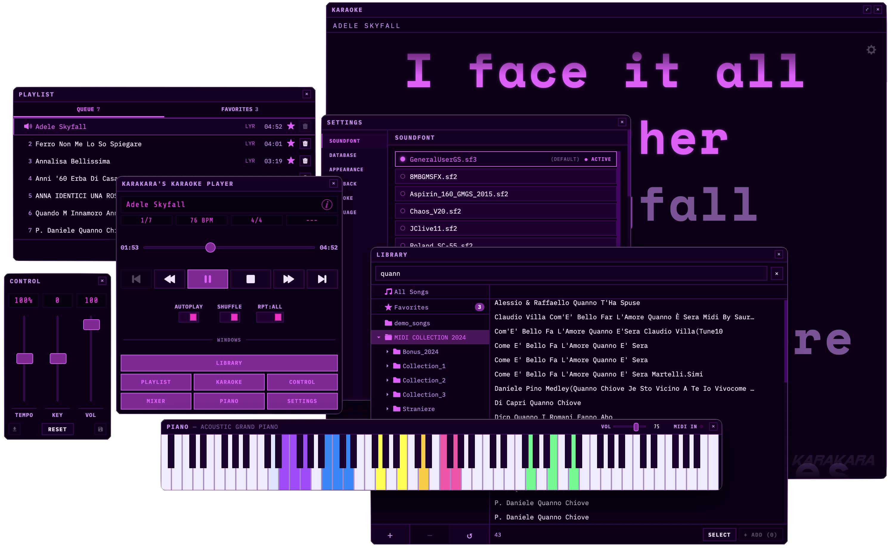 Karakara violet theme — deep violet and magenta MIDI player
