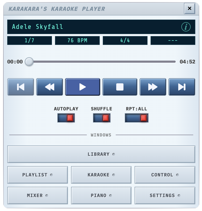 Karakara MIDI player window — transport controls, seek bar and LCD display
