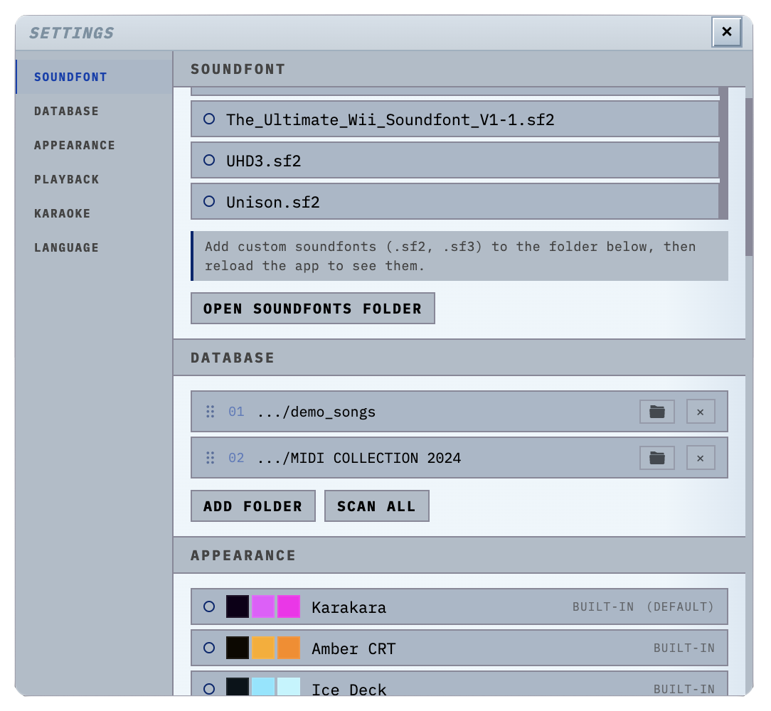 Karakara settings — SoundFont selection, themes and playback options