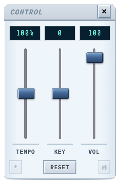 Karakara control panel — tempo, key transpose and master volume