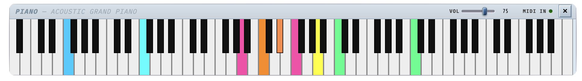 Karakara 88-key virtual piano with live note highlighting and MIDI input